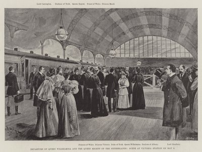 Vilmos királynő és a holland kormányzónő indulása, jelenet a Victoria pályaudvaron május 9-én (litho) alkotó: English School