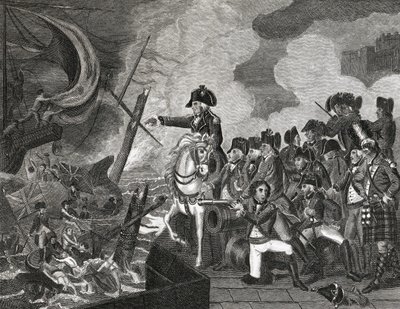 A fegyveres csónakok megsemmisítése Gibraltár előtt, H. Cook metszete, 1816 alkotó: English School