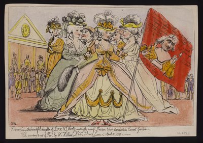 Devonia, a szerelem és a szabadság gyönyörű lánya, aki a szabadság fiait hívja a sztenderdjére Covent Gardenben: politikai szatíra Devonshire hercegnőjének Charles James Foxnak nyújtott támogatásáról alkotó: English School
