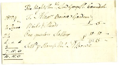Devonshire MSS AS 3101, fólió a Pinder Simpson által Lord George Cavendish számára kiegyenlített számlacsomagból, beleértve Alexander Bowie számláját alkotó: English School