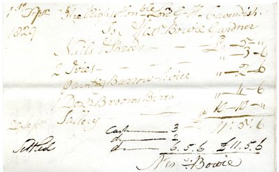 Devonshire MSS AS 3101, fólió a Pinder Simpson által Lord George Cavendish számára kiegyenlített számlacsomagból, beleértve Alexander Bowie számláját alkotó: English School