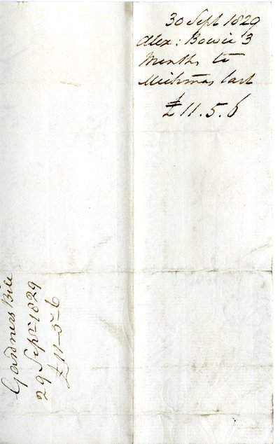 Devonshire MSS AS 3101, fólió a Pinder Simpson által Lord George Cavendish számára kiegyenlített számlacsomagból, beleértve Alexander Bowie számláját alkotó: English School