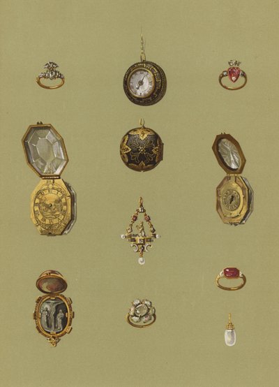 Gyémánt gyűrű, arany karóra, Bloodstone Cameo, arany karóra, ékköves pasziánsz, Mária skót királynő opál gyászgyűrűje, Erzsébet hercegnő aranygyűrűje, nyolcszögletű arany karóra, aranygyűrű, gyöngy fülbevaló alkotó: English School