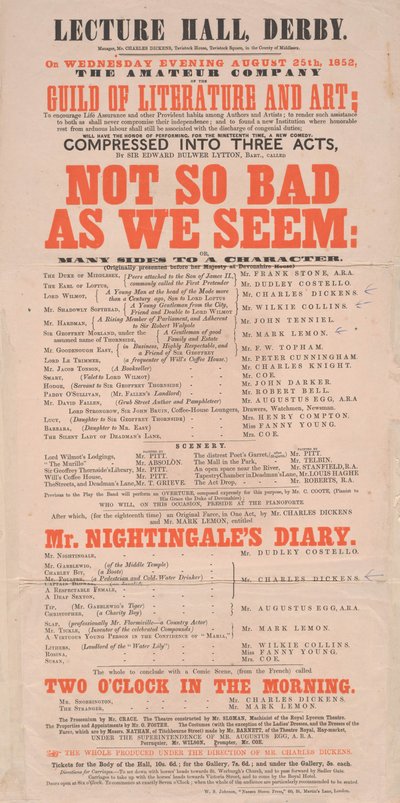 Dickens playbill: Nem olyan rossz, mint amilyennek látszunk a Lecture Hallban, Derby, 1852. augusztus 25-i program alkotó: English School