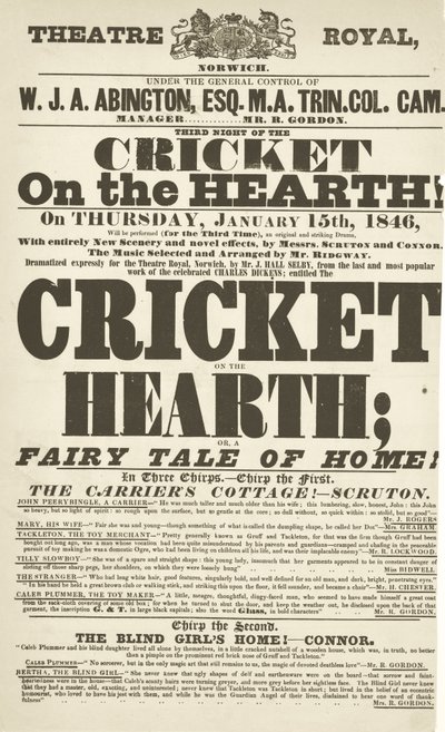 Dickens-bemutatója: The Cricket on the Hearth at Theatre Royal, Derby, 1846. január 15. alkotó: English School