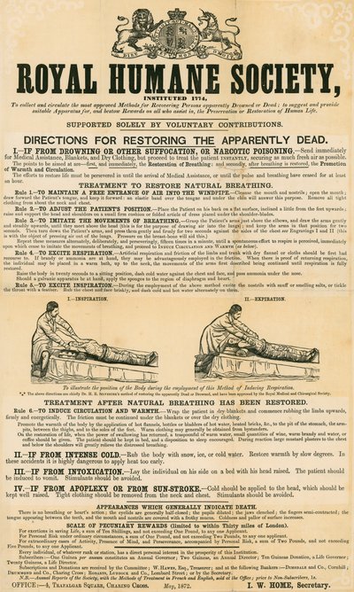 Útmutató a látszólag halottak helyreállításához; a Royal Humane Society által kiadott, 1872. május alkotó: English School