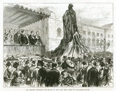 Disraeli leleplezi a néhai Lord Derby szobrát a Parlament téren, Westminsterben alkotó: English School
