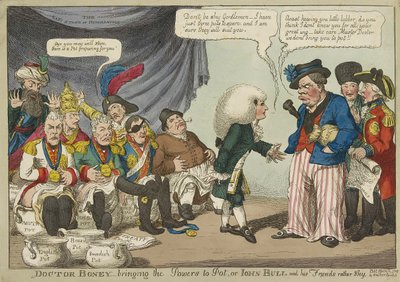 Doctor Boney_hozza a hatalmakat Potba, vagy John Bull és barátai meglehetősen félénk kocsmában. 1808 (kézzel színezett metszet) alkotó: English School
