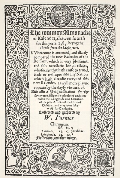 Dupla Almanack (közös és új) és Prognostication for Dublin 1587, W. Farmer, nyomta Watkins és Roberts, 1587 alkotó: English School
