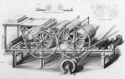 Kéthengeres nyomtatógép a Cyclopaedia of Useful Arts & Manufactures-tól, szerkesztette Charles Tomlinson, 1880-as évek alkotó: English School