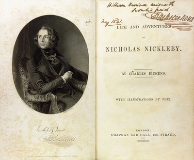 Dupla oldal terjedt el Dickens portréjával és Dickens William Harrison Ainsworth-nek szóló dedikációjával alkotó: English School