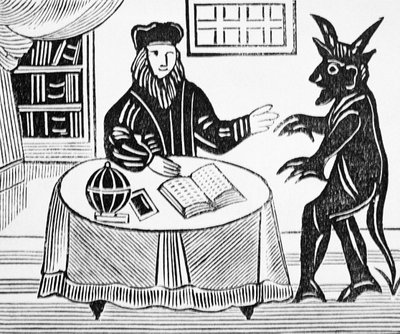 Dr. Faustus tanácskozásban az ördöggel, Gentsből Dr. Faustus Christopher Marlowe (1564-93) fordítása 1648-ban, ezoterikus témájú könyvek gyűjteményéből alkotó: English School