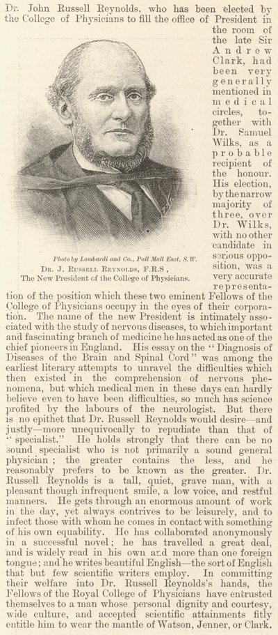 Dr. J Russell Reynolds, FRS, az Orvosi Kollégium új elnöke (metszet) alkotó: English School