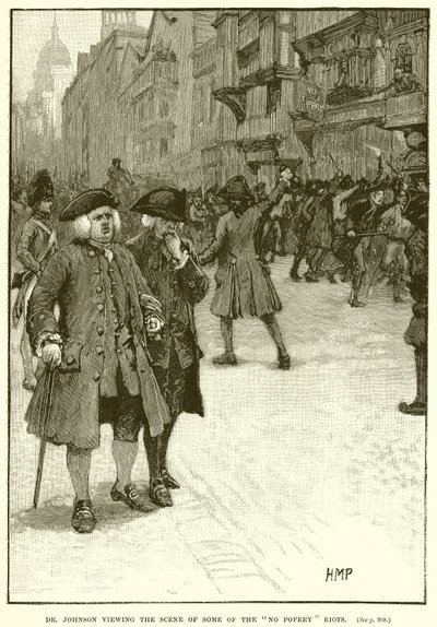 Dr. Johnson a No Popery Riots jelenetét nézi alkotó: English School