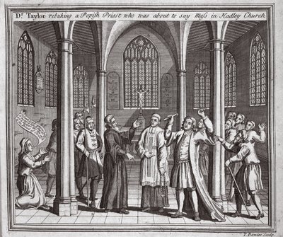 Dr. Taylor megdorgál egy pápai papot, aki éppen misézni készült a Hadley templomban, illusztráció a Foxes Martyrs c.1703-ból alkotó: English School