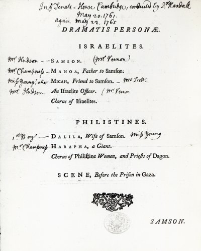 Dramatis Personae Sámsonnak, Händel oratóriuma, amely 1759-ben jelent meg alkotó: English School