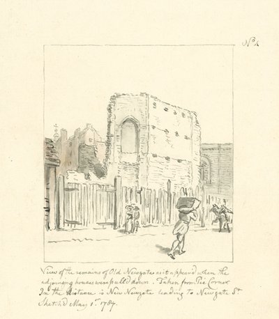 Rajz az Old Newgate maradványairól (tintával papíron) alkotó: English School