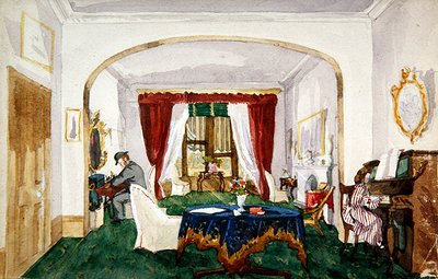 Szalonbelső, nő zongoránál, férfi tányérkalapban, 1850 körül (akvarell, papír) alkotó: English School