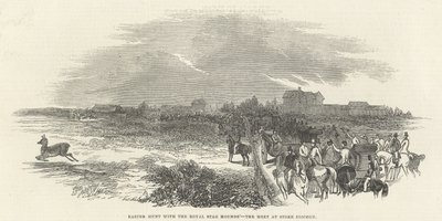 Húsvéti vadászat a királyi szarvaskutyákkal: Találkozás a Stoke Commonban, a The Illustrated London News-ból, 1845. március 29. alkotó: English School