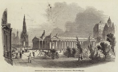 Edinburgh, Royal Institution és Scott Monument (metszet) alkotó: English School