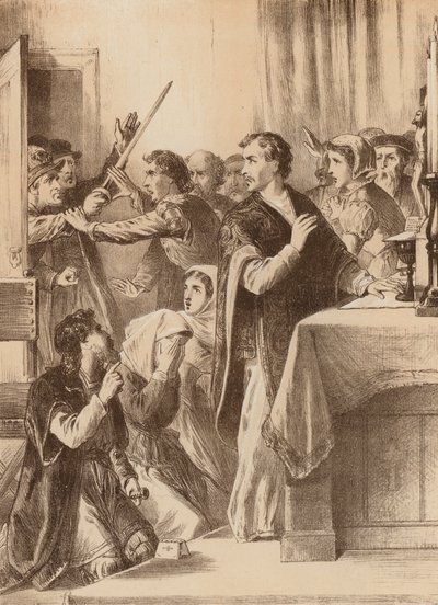 Edmund Genings, "Feltörte a kamra ajtaját, ahol ünnepelt" (litográfia) alkotó: English School