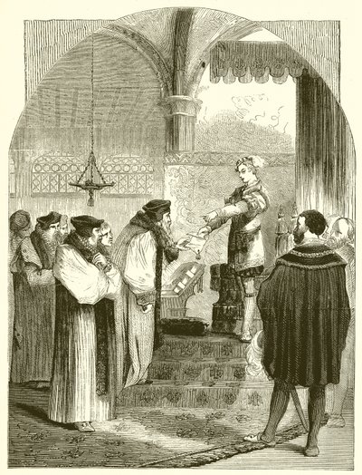 Edward VI. a Joan Bocher kivégzésére vonatkozó parancs bemutatása Cranmer érseknek alkotó: English School