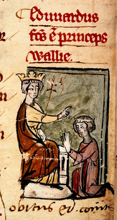 Caernarvoni Edward [II. Edward] apja, I. Edward király megalkotta Wales hercegét és Chester grófját a lincolni parlamentben, illusztráció a Chronica Roffense-ből, Matthew Paris, 1301. február 7. (vellum) alkotó: English School