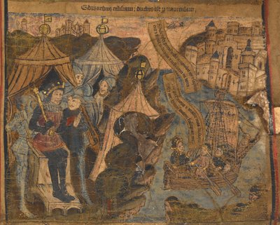 Yorki Edward Salisbury grófjaival és Warwickkal együtt Calais-ba indult a Ludford Bridge-i csatát követően. VI. Henrik király diadalmasan néz rá, illusztráció a „IV. Edward tipológiai élete és genealógiájából”, 1460-70 körül (vellum) alkotó: English School