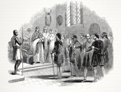 Első Edward bemutatja a walesi törzsfőnököknek a köztük született herceget a Rhuddlan kastélyban alkotó: English School