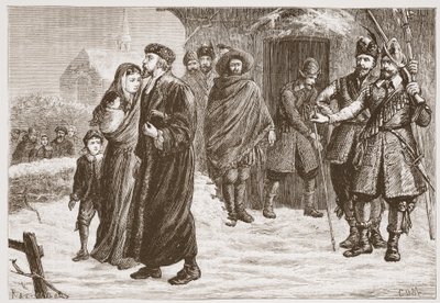 Egy magyar protestáns lelkész kiűzése télen, illusztráció: James Aitken Wylie (1808-1890) A protestantizmus története című könyvéből, pub. 1878 alkotó: English School