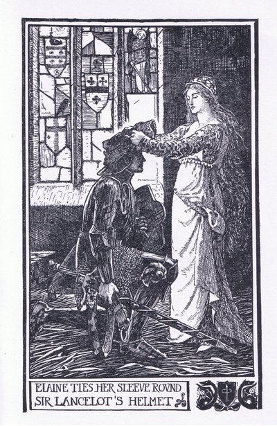 Elaine ujját Sir Lancelot sisakja köré köti, a Longmans Green and Co által kiadott „The Book of Romance” illusztrációja. alkotó: English School