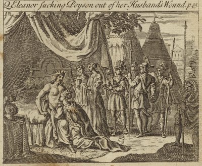 Kasztíliai Eleanor, I. Edward angol király hitvese, aki mérget szívott ki férje sebéből, egy merényletet szenvedett el Acre-ben, 1272 alkotó: English School