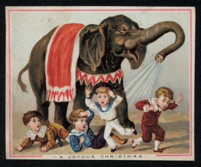 Elefánt játékosan zuhanyozó gyerekek vízzel, karácsonyi üdvözlőlap. (chromolitho) alkotó: English School