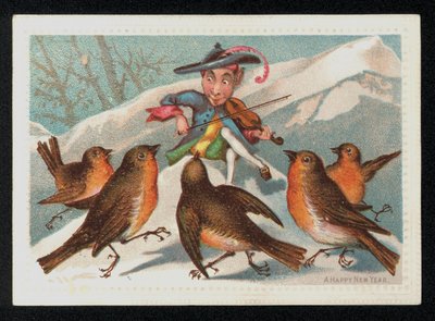 Elf egy hegedűvel szórakoztat egy csoport vörösbegyet, újévi üdvözlőlap. (chromolitho) alkotó: English School