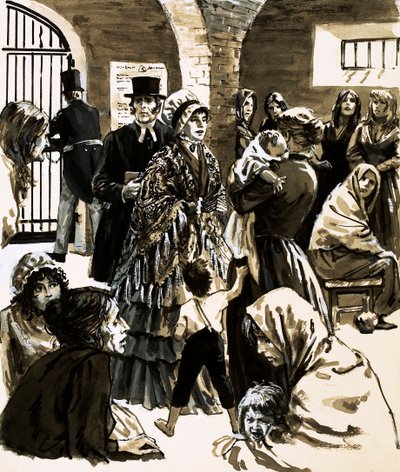 Elizabeth Fry a börtönreform kampányolója lett, miután meglátogatta a Newgate-i börtönt (papíron gouache) alkotó: English School