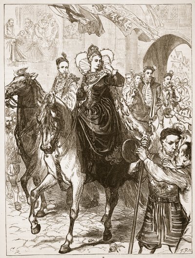 Elizabeth nyilvános belépése Londonba, illusztráció Cassell Illustrated History of England című művéből (szépia fotó) alkotó: English School