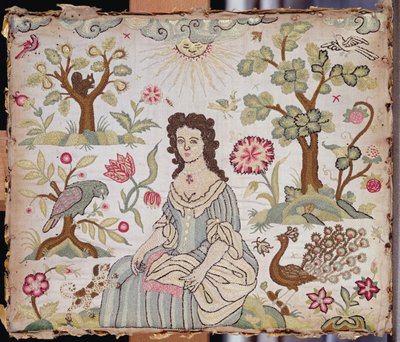 Hímzett tábla, amely egy hölgyet ábrázol a kertben, 1700 körül (selyem) alkotó: English School