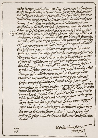 Erzsébet királynőnek, Máriától, a skótok királynőjétől írt levél vége, amikor a börtönben tartózkodik, és katolikus káplánt kér, illusztráció a The Church of England: A History for the People-ből, H.D.M. Spence-Jo alkotó: English School