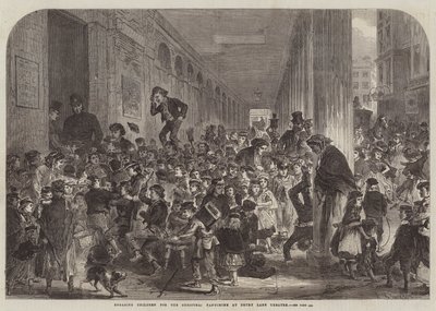 Gyerekek bevonása a karácsonyi pantomimra a Drury Lane Színházban (metszet) alkotó: English School