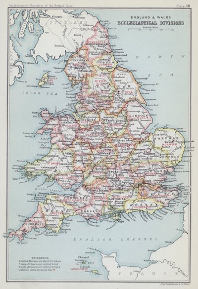 Anglia és Wales, egyházi felosztás (színes litográfia) alkotó: English School