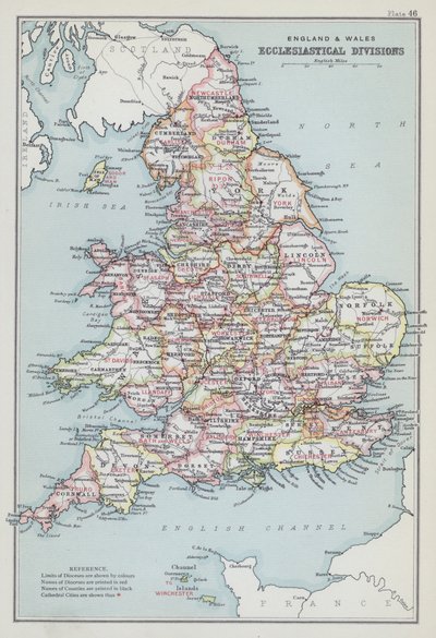 Anglia és Wales, egyházi felosztás (színes litográfia) alkotó: English School