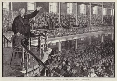 Egy angol baptista prédikátor, Charles Haddon Spurgeon prédikál a londoni Metropolitan Tabernacle-ben (litho) alkotó: English School