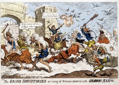 Angol karikatúra a napóleoni hadsereg Varsóba való megérkezéséről a hó alatt, az orosz visszavonulás után, 1812 decemberében. alkotó: English School