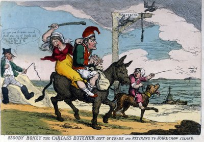 Angol rajzfilm I. Napóleon császár száműzetéséről, akit egy szamáron ábrázol Elba szigetére. 04/1814. alkotó: English School