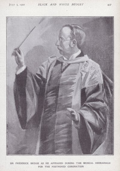 Sir Frederick Bridge angol zeneszerző, orgonista és karmester VII. Edward király elhalasztott megkoronázásán próbál. alkotó: English School