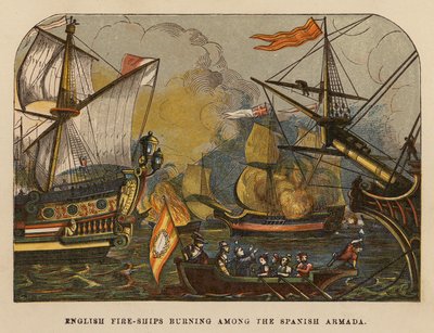 Angol tűzhajók égnek a spanyol armada között (színes metszet) alkotó: English School