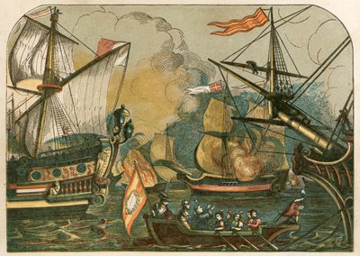 Angol tűzhajók égnek a spanyol Armada között alkotó: English School