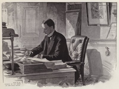 George Curzon angol politikus munka közben az Indiai Hivatal irodájában (litho) alkotó: English School