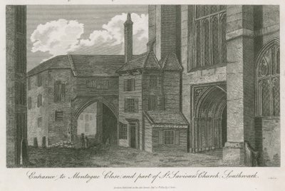 A Montague Close bejárata és a St Saviors Church része, Southwark, Surrey alkotó: English School