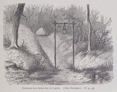 Bejárat egy lundai fétiskunyhóba, Friedrich Ratzel professzor Az emberiség története 1. kötetéből, 1896 alkotó: English School